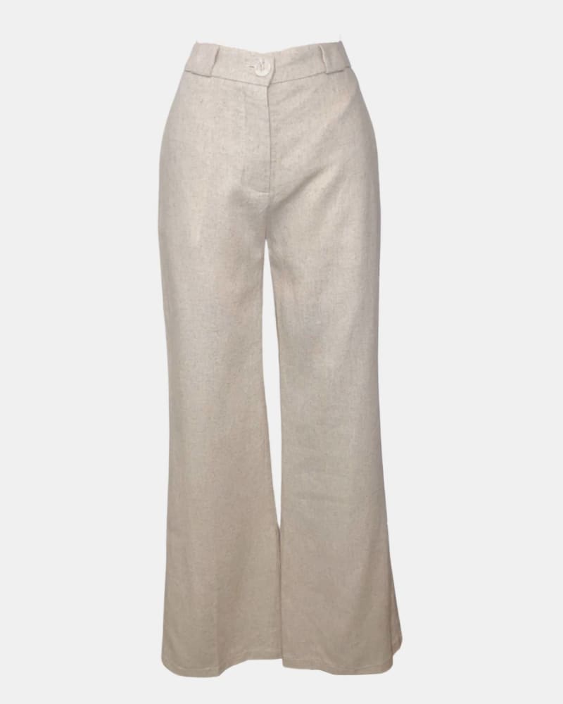 Front of a model wearing a size L Willow Linen High Rise Pant In Light Sand in Light Sand by DELUC. | dia_product_style_image_id:356727